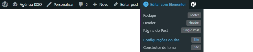 Ajuda ilustrativa sobre como encontrar o botão "Configurações do Site" no construtor de páginas Elementor para WordPress.