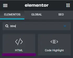 Ilustração sobre onde encontrar o Botão HTML no Elementor para inserir o código de criação do botão Imprimir ou Salvar PDF.