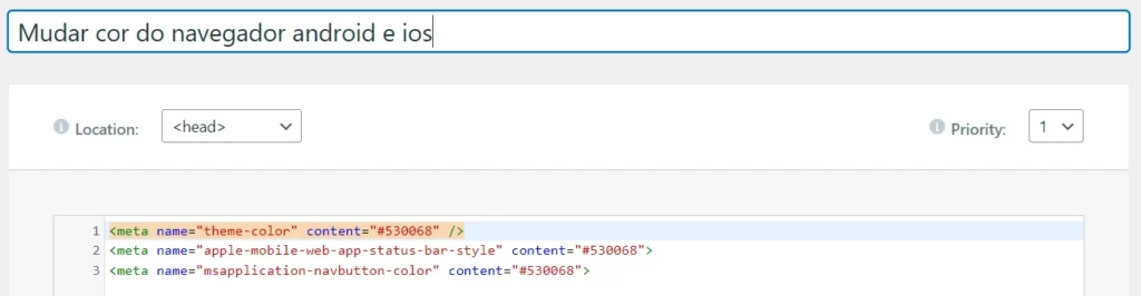 Exemplo de código para mudar cor do navegador em dispositivos móveis Android e iOS. Imagem Custom Code WordPress Elementor.